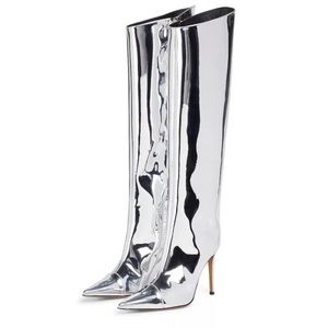 Metallic knee boots with pointed toe